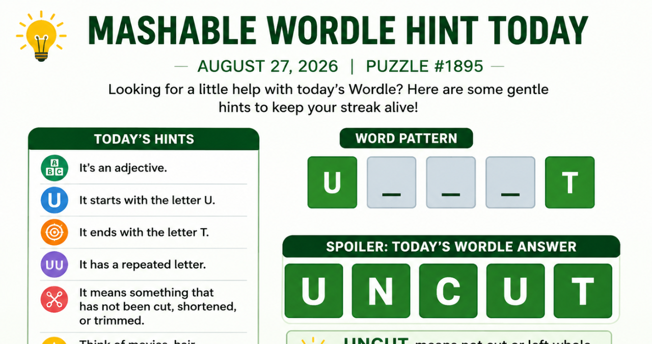 mashable wordle hint today: Helpful Clues, Answer, Strategies, and Tips for August 27, 2026 2 Untitled design 2026 08 27T083320.680